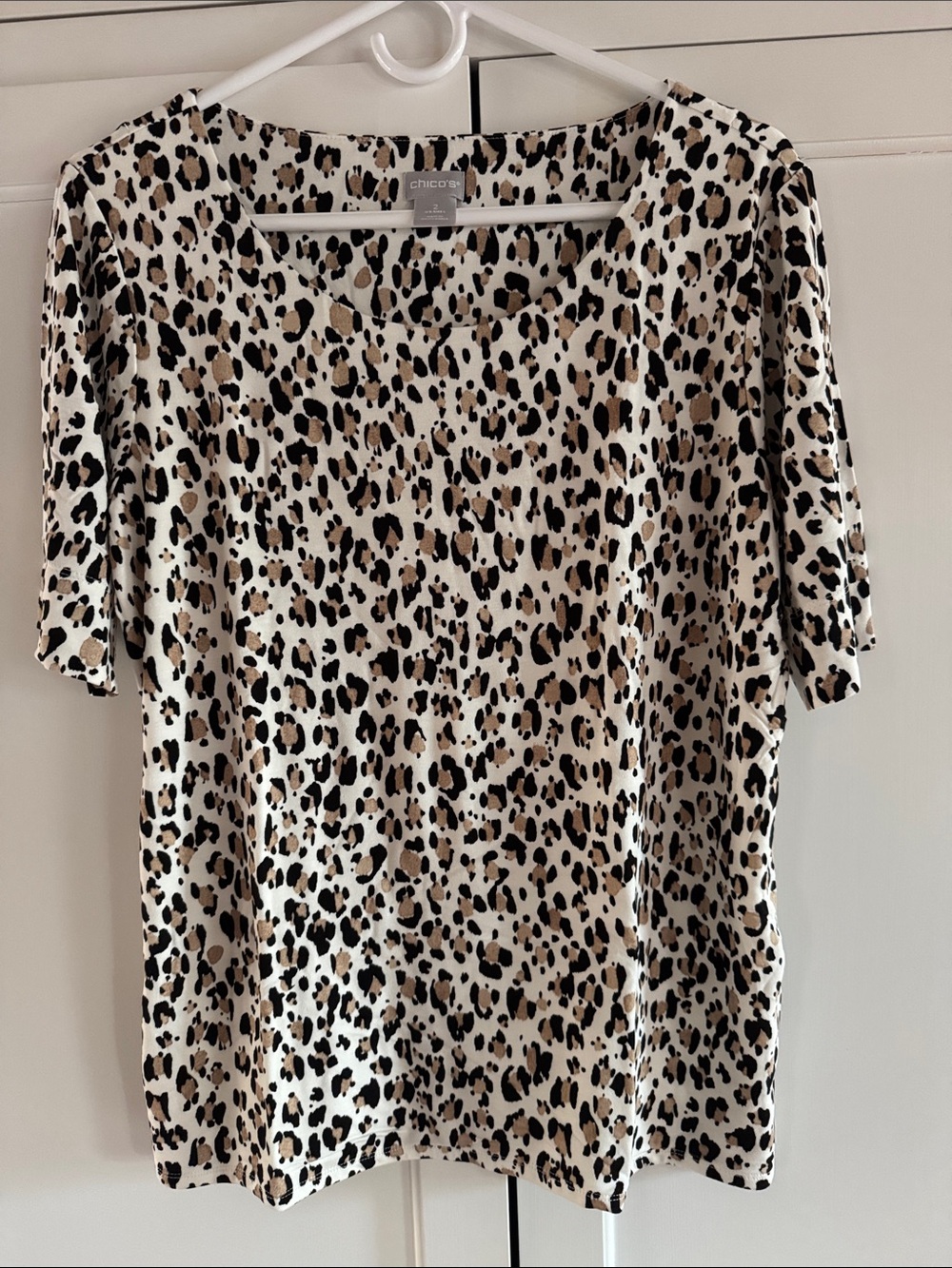 Chico's Leopard-Print Short Sleeve Top in Cream, Black & Brown